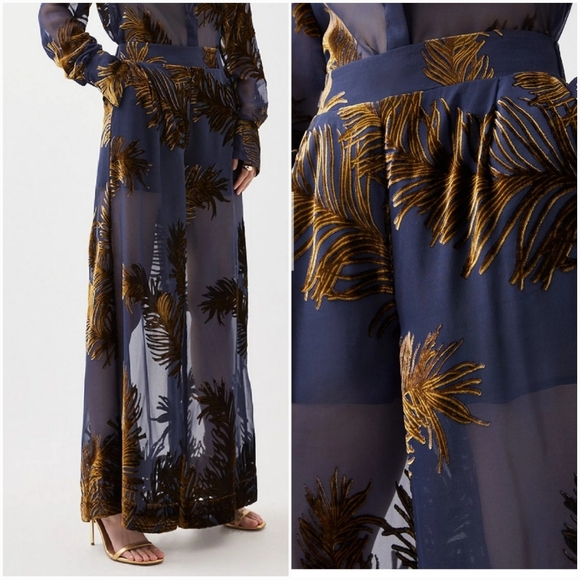 Karen Millen New Navy Blue Feather Devore Woven Wide Leg Dress Pants US SZ 8 - Picture 3 of 12